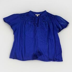 Knox Rose Embroidered Tunic Top Womens Large Royal Blue Tie‎ Neck Blouse Boho